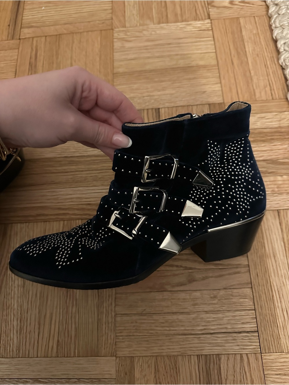 Chloe Navy Velvet Studded Buckle Ankle Boots